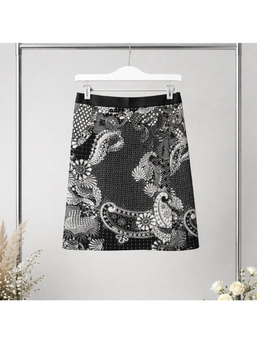 Etcetera‎ Cream/Black Lined Floral Wrap Pencil Skirt